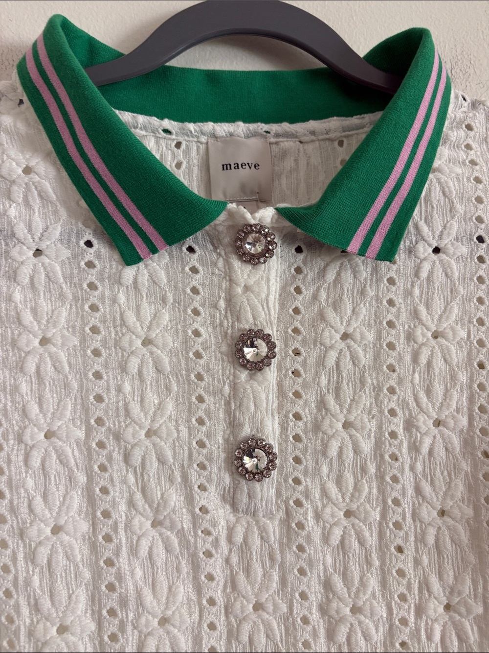 Anthropologie Maeve Puff Sleeve Lace Polo in White Green Size Medium New Tag - Picture 11 of 13